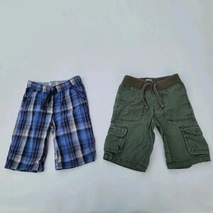 Set of 2 Toddler Boys 3T Old Navy RUUM Plaid Green Blue Elastic Cargo Shorts
